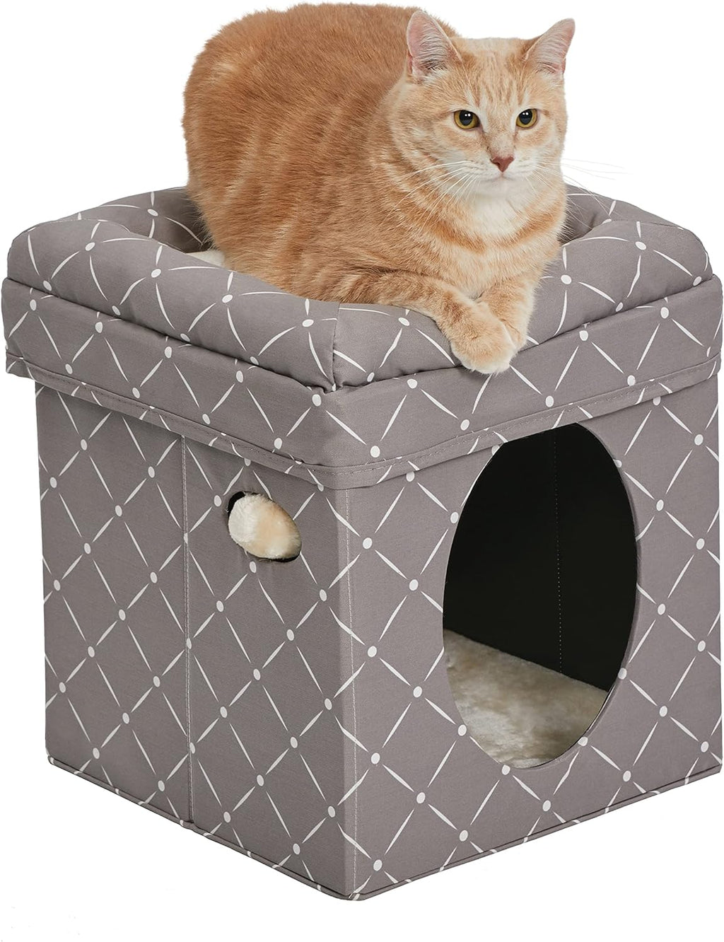 Feline Nuvo Curious Cat Cube, Foldable Cat Hideout with Toy, Bolstered Bed Top, Mushroom Diamond, Faux Fur