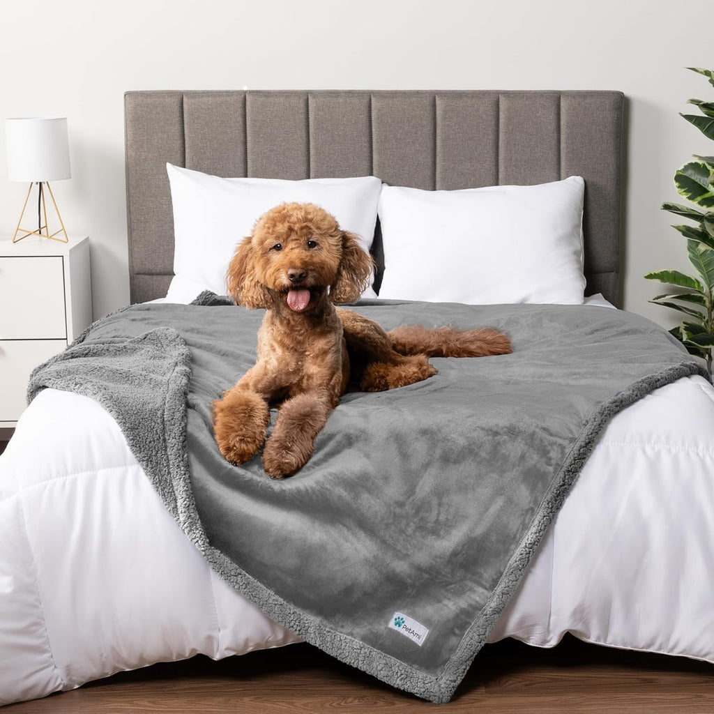 Waterproof Dog Blanket for Queen Bed Large XL Dog Throw for Couch Cover Leakproof Furniture Protection, Sherpa Fleece, Reversible Soft Washable 90X90 Light Gray