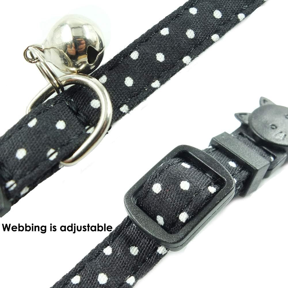 Cat Collar with Bell and Bow Tie, Breakaway Clasp Cute Dots Kitty Kitten Collar(6.8-10.8In)（Black Dots）