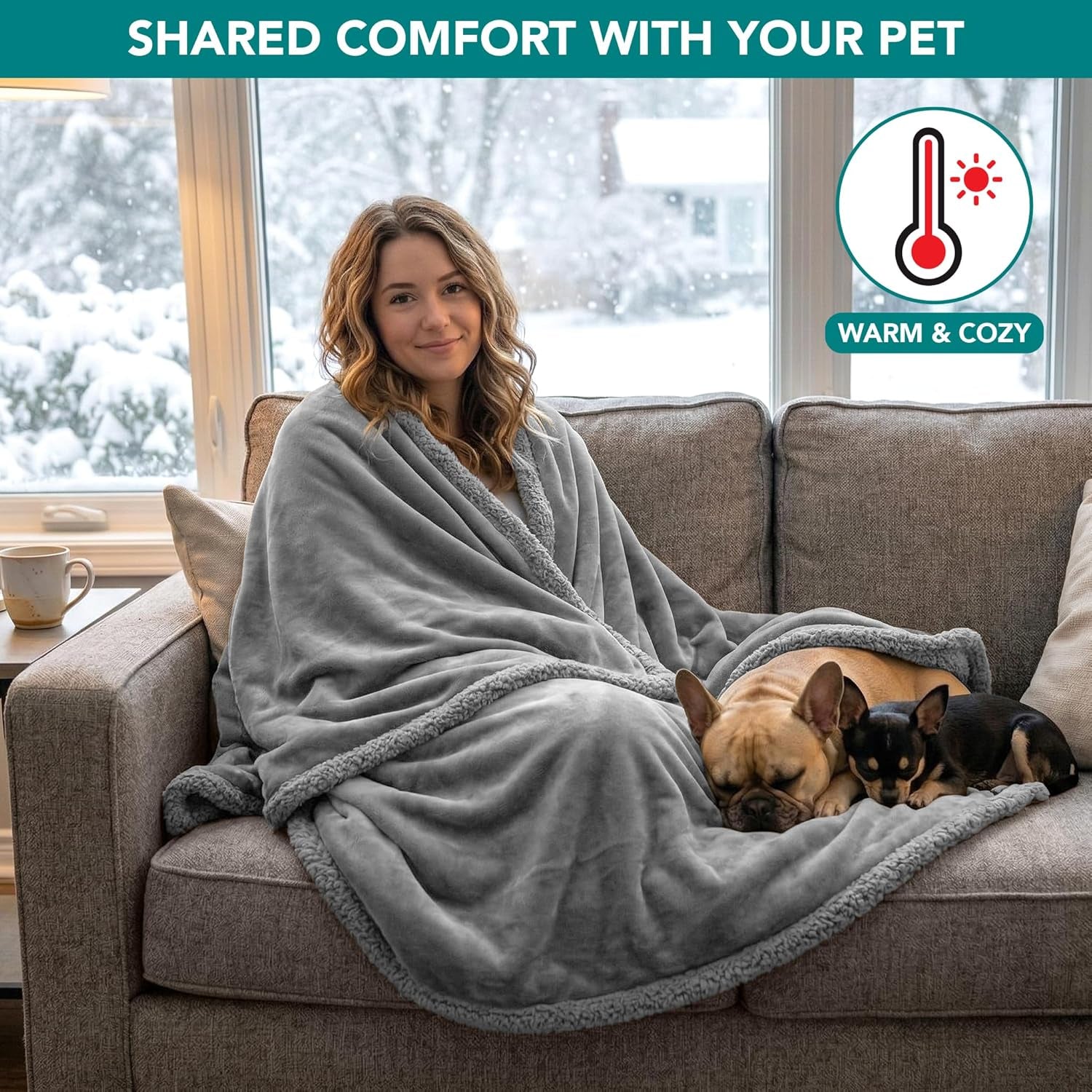 Waterproof Dog Blanket for Queen Bed Large XL Dog Throw for Couch Cover Leakproof Furniture Protection, Sherpa Fleece, Reversible Soft Washable 90X90 Light Gray