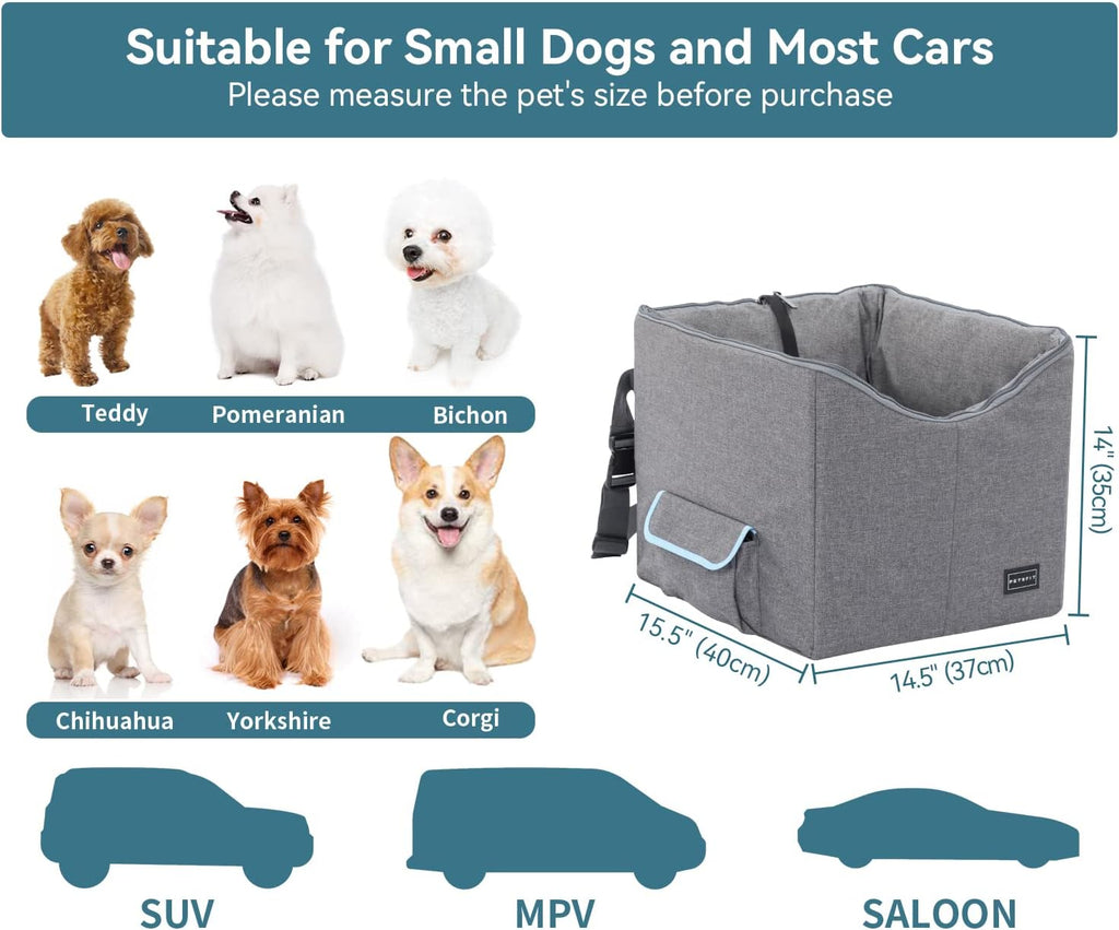 Small Dog Car Seat, Pet Travel Car Booster Seat with Safety Belt, Washable Double-Sided Cushion and Storage Pocket for Small Pet (Small, Light Grey)