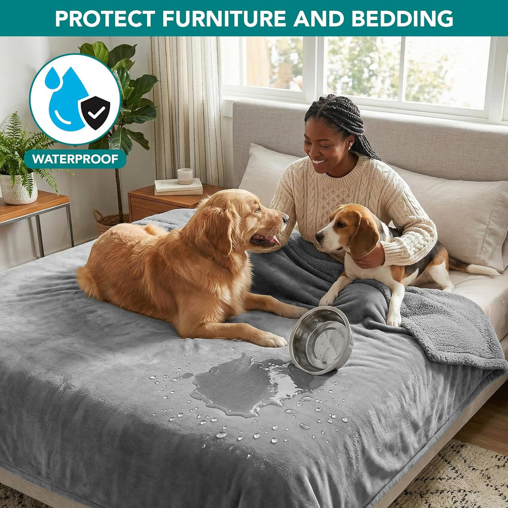 Waterproof Dog Blanket for Queen Bed Large XL Dog Throw for Couch Cover Leakproof Furniture Protection, Sherpa Fleece, Reversible Soft Washable 90X90 Light Gray
